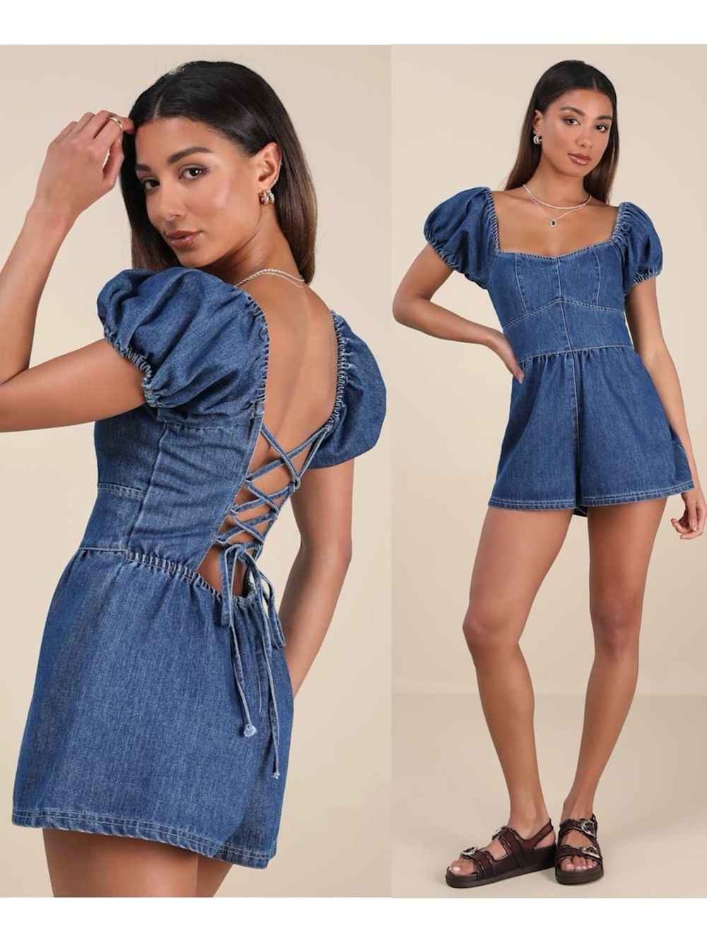 LULUS Denim Bustier Sweetheart Neck Puff Sleeve Corset Back Coquette Romper M